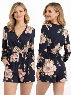 Navy Blue Floral Romper Ups and Downs Size Small